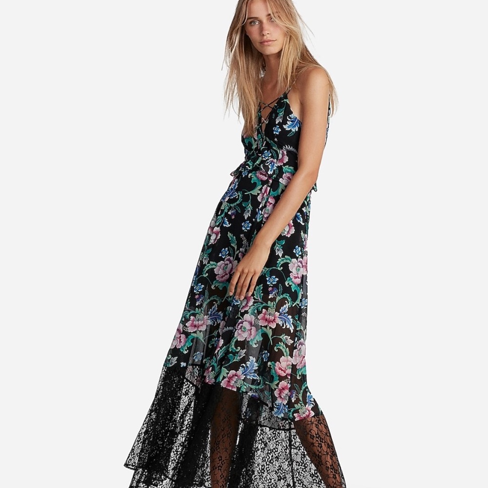 Express Floral Strappy Lace Up Maxi Dress